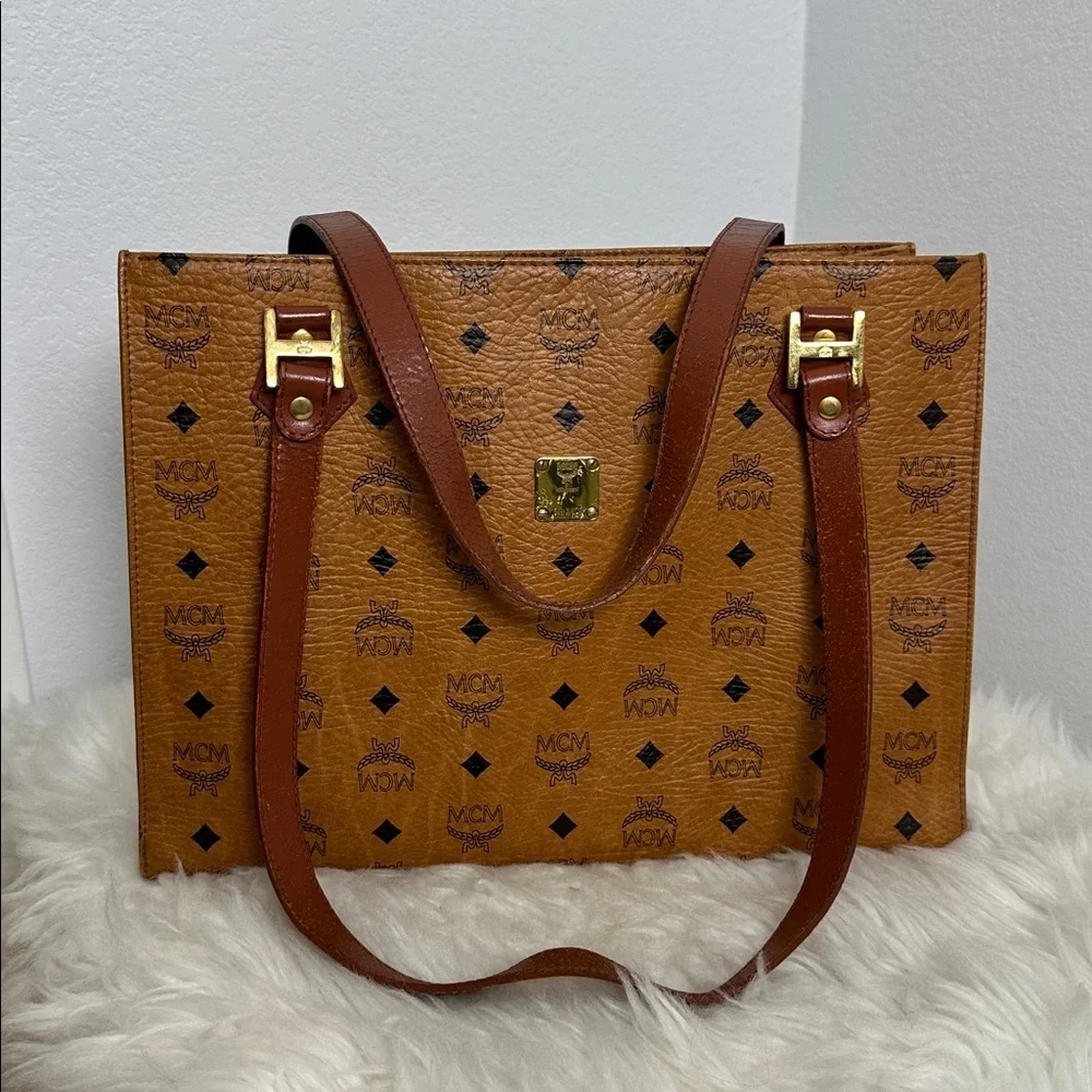💯Authentic MCM Cognac Visetos Tote with Black Accents🍀